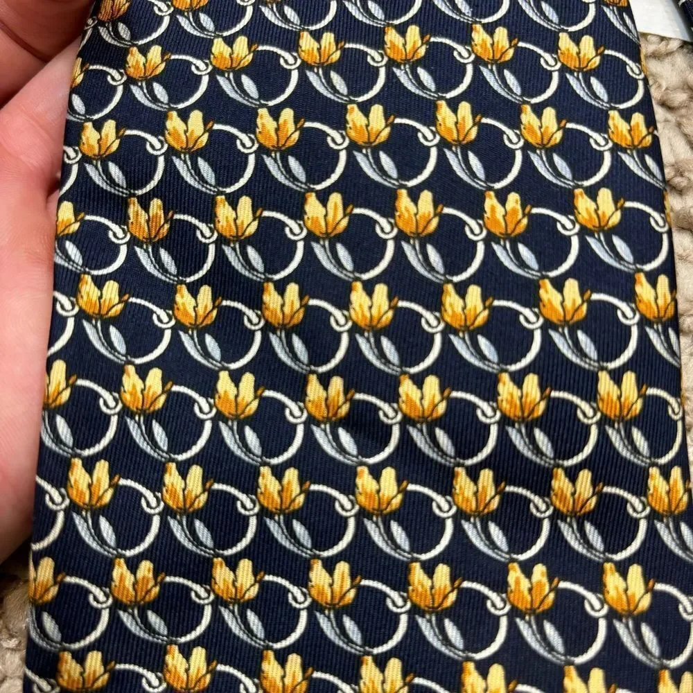 Men’s Lancel Paris Brand 100% Silk Navy‎ and Yellow Floral Neck Field